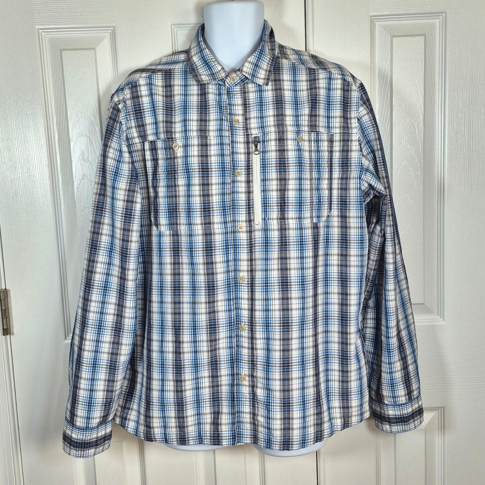 L.L. Bean white blue plaid long sleeve button down‎ shirt men's large